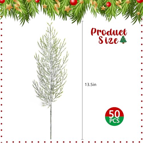 Green 50Pcs Snowy Pine Branches 13.5