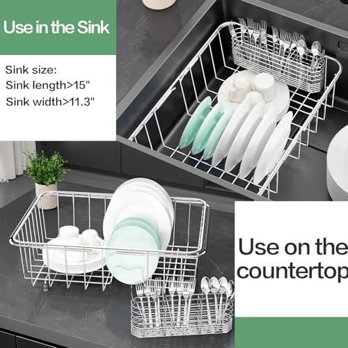 Fanbsy Medium Expandable Dish Drainer Rack in Sink - 14.96x11.02x5.35 Inches, Rustproof Stainless Steel Kitchen Organizer