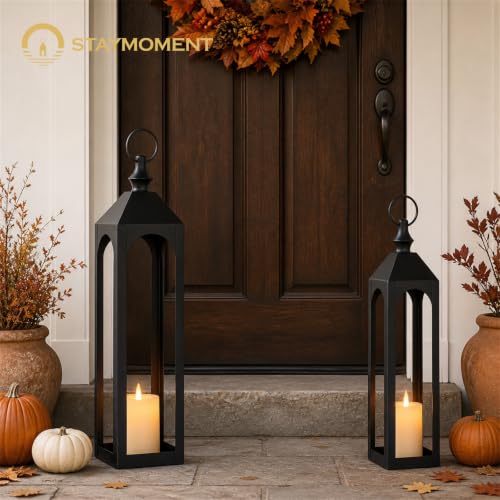 24-Inch & 20-Inch Outdoor Floor Lantern Set - Waterproof Rust-Resistant Black Porch Decor