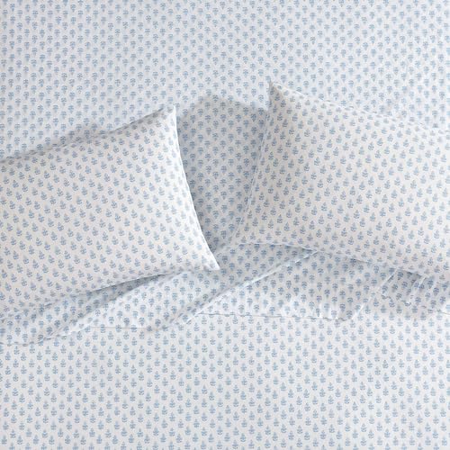 Full Size Floral Block Print Cotton Sheet Set with Deep Pocket Fitted Sheet - Francesca Blue