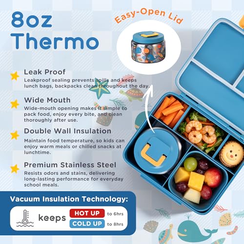 Kids Bento Lunch Box Set with 8oz Insulated Food Jar & Ice Pack - Blue Ocean