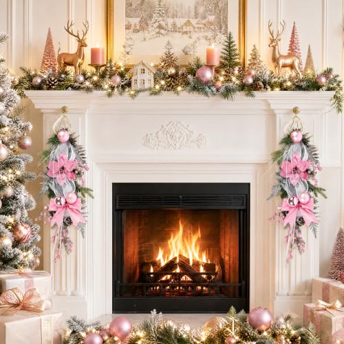 IPOPU Pink 2 Pack Christmas Teardrop Swags 25.5 Inch Decor with Bowknot & Berries