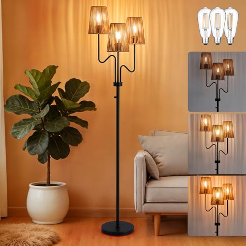 Black Farmhouse Boho Dimmable Floor Lamp with Rattan Shade - 68" Tall, 3-Light, E26 LED Bulb Included