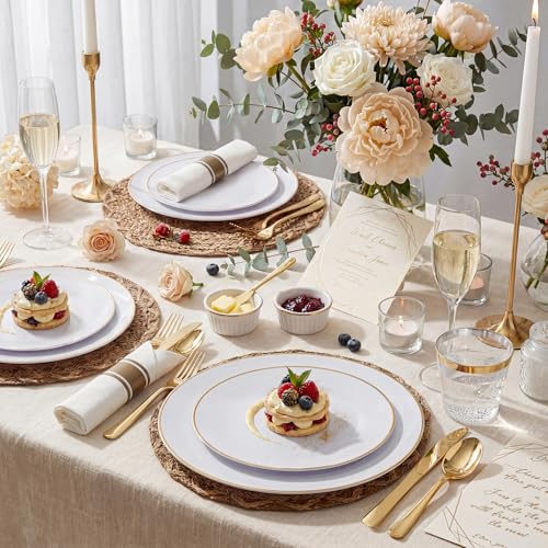 White & Gold Disposable Plastic Plates Set 200PCS - Party, Wedding, Halloween