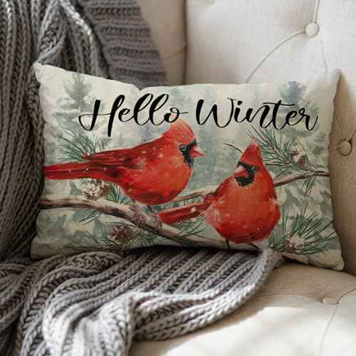 Hello Winter Cardinal Lumbar Decorative Throw Pillow Cover 12 x 20, Rectangular Red Birds Branch Outdoor Home Decor, Christmas Snowy Pine Tree Seasonal Sofa Couch Cushion Case