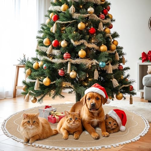 60 Inch Christmas Tree Skirt, Burlap Design with Snowflake Rustic