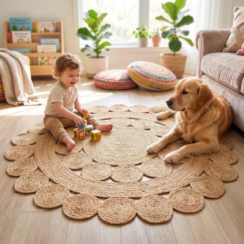 GRUHUM Natural Jute Area Rug 6ft Round Hand Woven Boho Farmhouse Decor