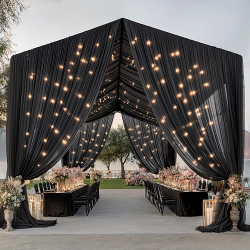 60" x 120" Black Ceiling Curtains Pack of 6 for Weddings & Events - Wrinkle-Free Tulle Drapes