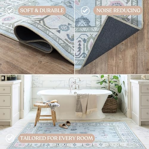Cream Blue Faded Oushak Rug - Vintage Floral Pastel Large Area Rug for Living Room & Bedroom - 2'6" x 6'6" Variation