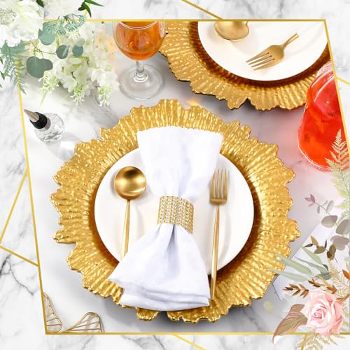 Widecook 100 Sets Gold Reef Charger Plates with Mesh Diamond Napkin Rings, 13" Round Chargers for Wedding Party (Gold / 100)