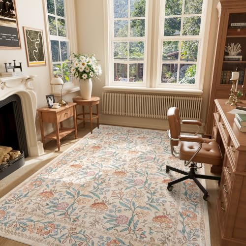 Beige Vintage Floral Washable Area Rug 5x7 for Living Room & Bedroom
