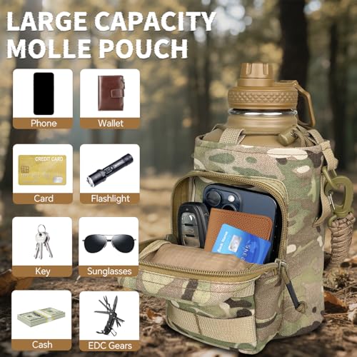64oz Insulated Water Bottle with MOLLE Pouch - Tactical Half Gallon Jug, Camo