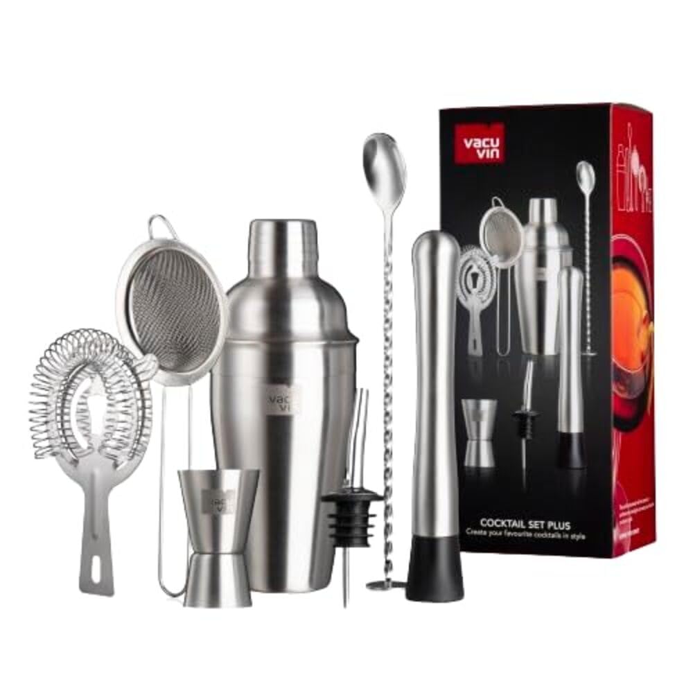 Vacu Vin Cocktail Set Plus – 7-Piece Bartender Kit with Stainless Steel Tools – Includes Shaker, Jigger, Muddler, Strainer, Pourer, Sieve, and Bar Spoon – Dishwasher Safe Home Bar Set