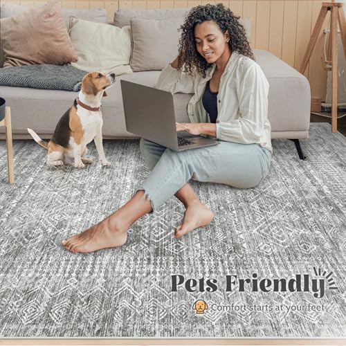 Grey 8x10 Washable Moroccan Boho Rug - Non-Slip Stain-Resistant Living Room Carpet
