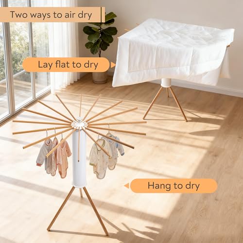 Natural Wood & White Clothes Drying Rack with 16 Arms, Foldable & Heavy-Duty