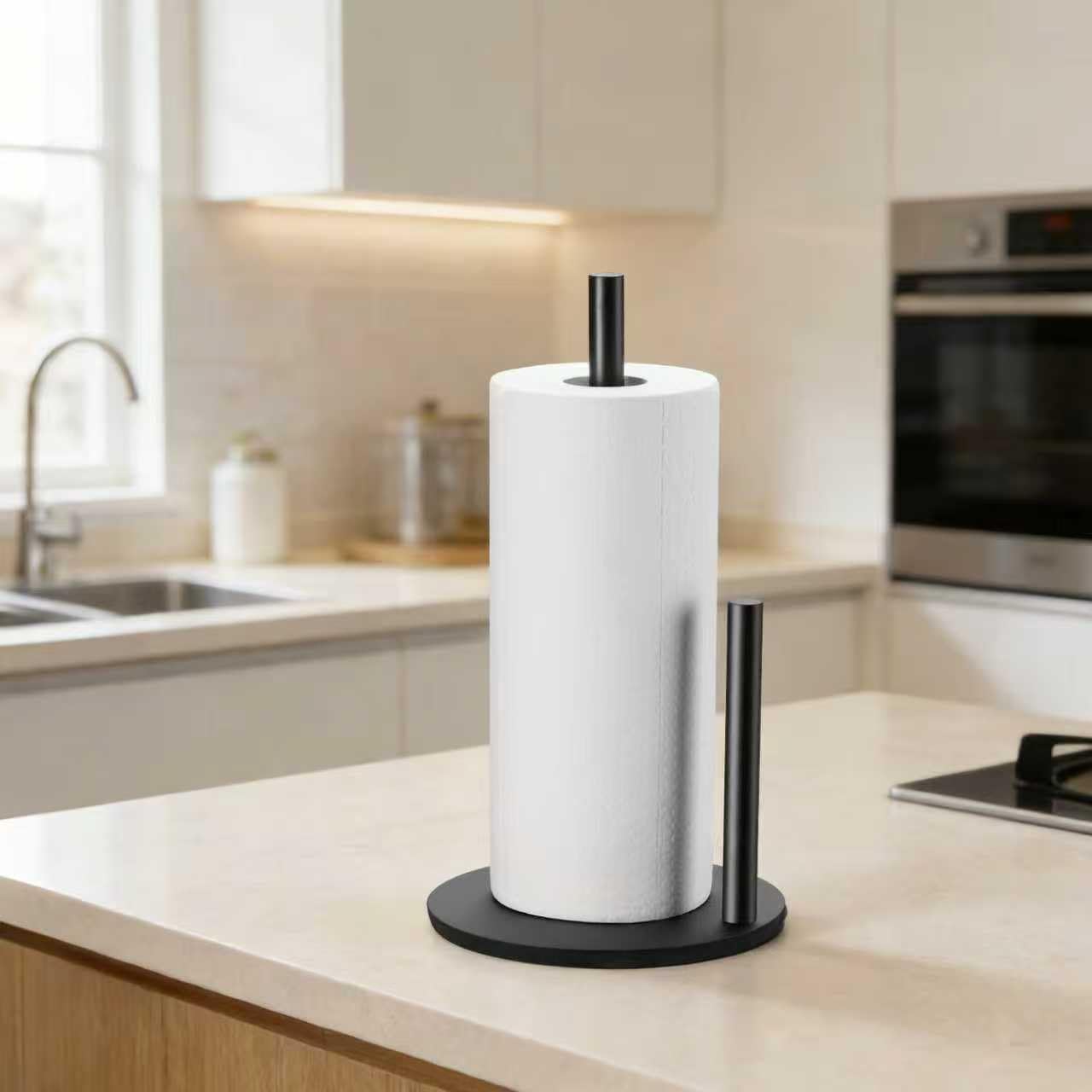 Paper Towel Holder Kitchen,Premium Stainless Steel Roll Dispenser,Countertop Paper Holder with Weighted Base, Black