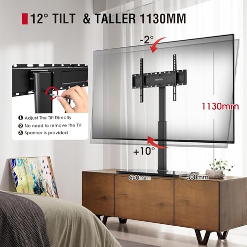 AOKCOS Universal Swivel TV Stand for 43-85 Inch Flat-Panel TVs, Adjustable Height & Tilt, Heavy Duty Tempered Glass Base, Black