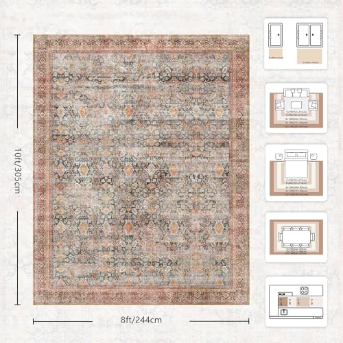 8x10 Rust Clay Area Rug - Washable Vintage Boho Non-Slip Low Pile Carpet