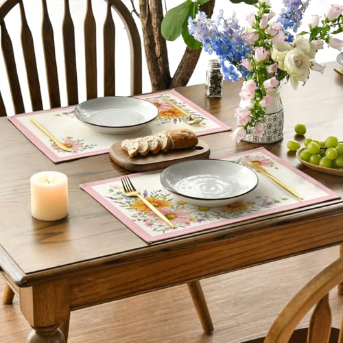 Artoid Mode Pink Sunflowers Butterfly 12x18 Inch Seasonal Placemats Set of 4 for Dining & Holiday Decor