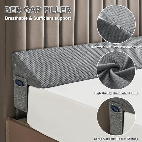 Dark Grey King Size Bed Wedge Pillow 76x6x10 for Headboard Gap Filling, Mattress Support