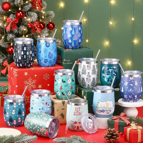 Sliner 12-Pack Christmas Wine Tumblers with Lids & Straws Snowy