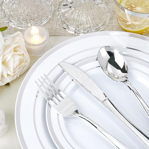 realluck 350 PCS White and Silver Plastic Dinnerware Set for 50
