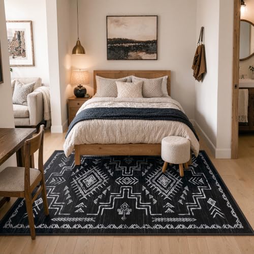 8x10 Washable Western Area Rug - Black & White Tribal Design - STARUIA, Living Room & Bedroom Decor