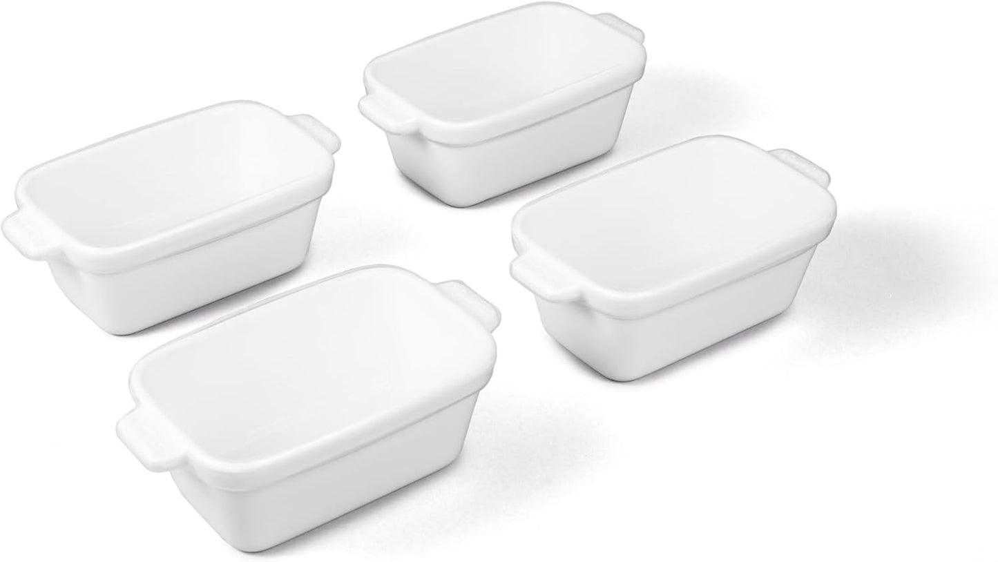 Souper Cubes Stoneware - Small 5" x 3" Ceramic Baking Dish Set of 4 with Silicone Covers | Ideal for Reheating Single Servings - White