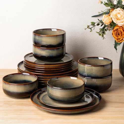 Mocha Brown Ceramic Dinnerware Set for 6 - 18-Piece Plate & Bowl Set