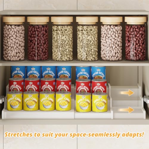 Expandable 3-Tier Bamboo Can Organizer for Pantry - Fits 24 Cans, White, 12.4-24"