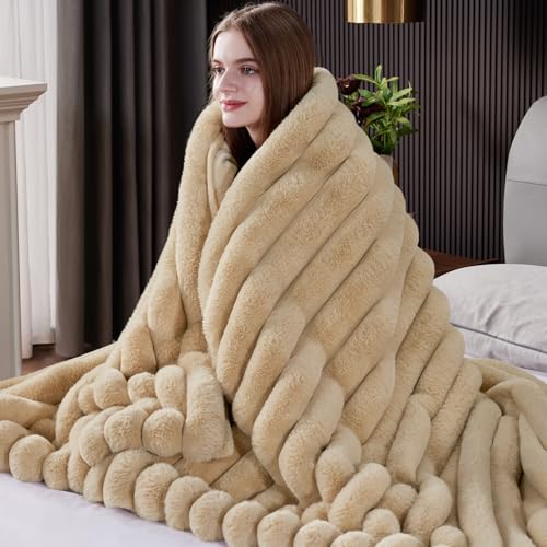 Beige Faux Fur Throw Blanket 80x90 Inches - Thick Plush Warm Cover