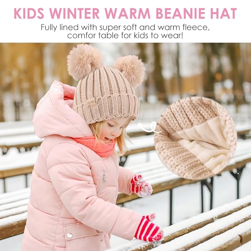 Tontuland Kids Winter Beanie Hat Beig e Pom Pom Fleece Lined Knit Cap for Boys & Girls