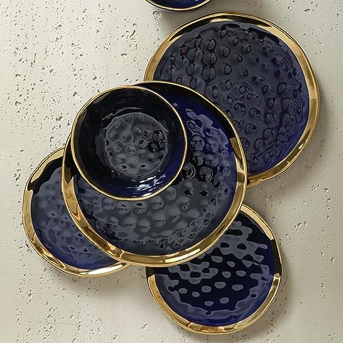 Stone Lain 16-Piece Porcelain Dinnerware Set for 4, Blue with Gold Rim, Dark Blue