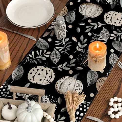 Artoid Mode Harvest Pumpkin Darkness Floral 210 GSM Fall Table Runner, Seasonal Autumn Kitchen Dining Table Decoration for Home Party Decor 13x120 Inch