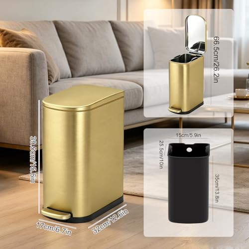 SYNCVIBE Golden Bathroom Trash Can with Soft Close Lid 3.5 Gallon