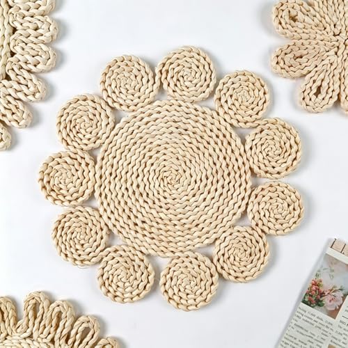 IcosaMro Style C 13.8 Inch Boho Woven Placemats Set of 6 Natural Table Mats for Indoor & Outdoor Dining