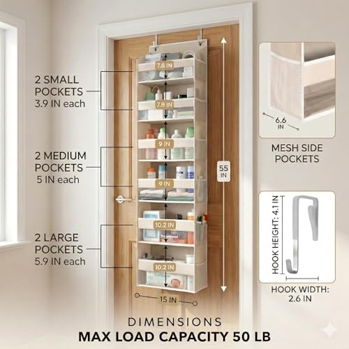 Over the Door Organizer 6-Tier Closet Storage with 12 Mesh Pockets - Ivory, 2 Pack