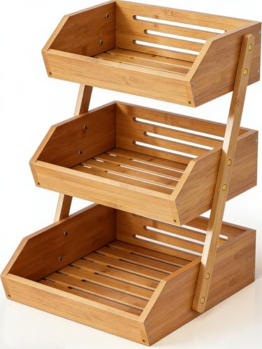 3-Tier Fruit & Vegetable Basket Organizer - Natural Bamboo Kitchen Storage with Removable Banana Hooks
