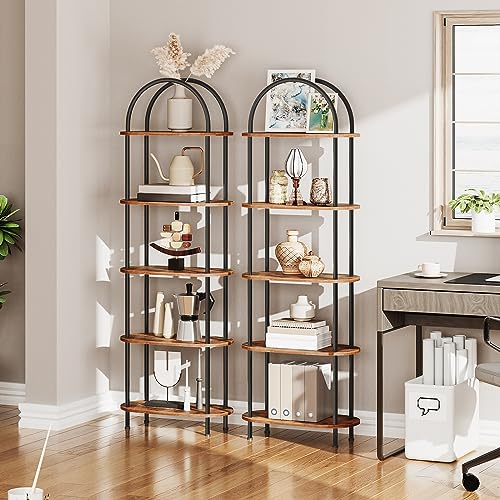 Rustic Brown 5-Tier Open Bookshelf - Industrial Arched Wooden Storage Shelf