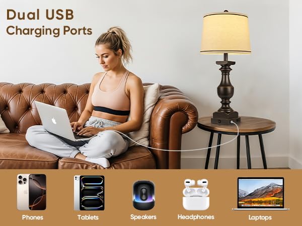 28'' Black Gold Resin Table Lamp Set of 2,Nightstand with USB Port