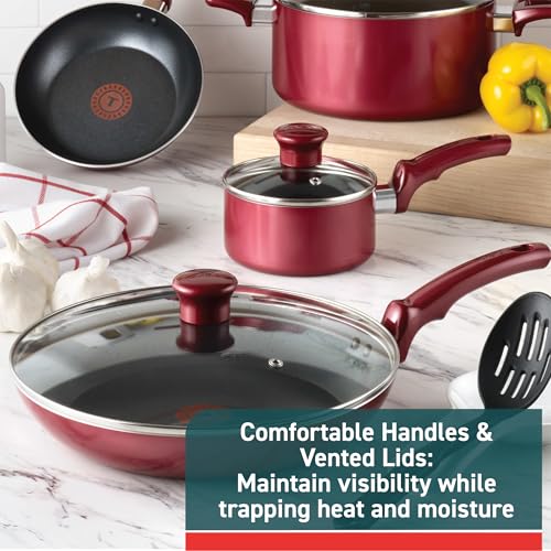 T-fal Essentials Non-Stick Pots and Pans Cookware 10 Piece Set, Red