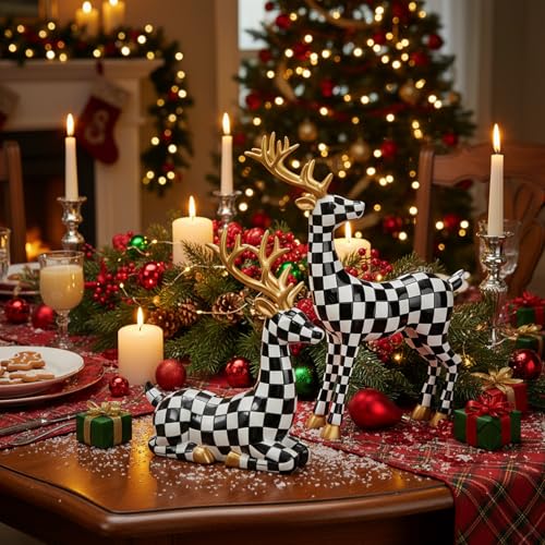 Yookeer 2 Pcs Black and White Grid Reindeer Figurines Xmas Decor Home & Garden