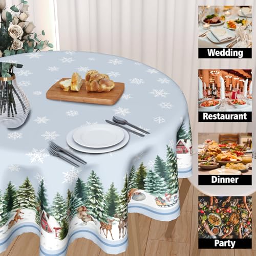 Sweetshow 60 Inch Winter Snowflake Blue Round Christmas Tablecloth with Deer & Squirrel Design