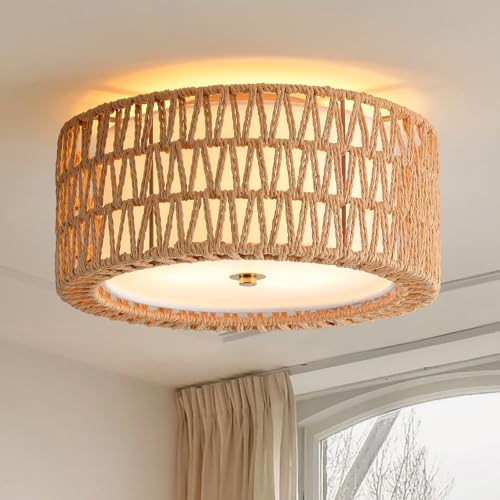 Brown Rattan Ceiling Light Fixture - 12.6 Inch Boho Bohemian Style, Dual-Layer Design