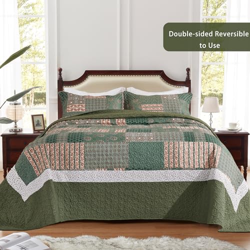 LEAONME California King Size Olive Green Quilt Set 3-Piece Oversized Bedspread Coverlet