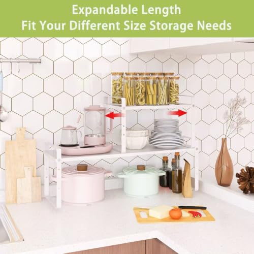 Across-Star Expandable White Kitchen Counter Organizer Rack 2 Pack, Adjustable & Stackable Spice & Pantry Shelves