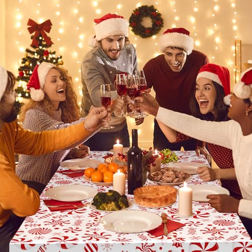 52 Inch x 100 Ft Christmas Plastic Tablecloth Roll - White & Red Candy Cane Design, Disposable Holiday Cover