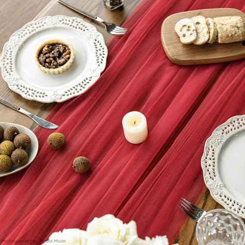 Artoid Mode Red Gauze Table Runner 120 Inch 10FT, Seasonal Sheer Kitchen Dining Holiday Wedding Birthday Baby Shower Table Decor for Home Party