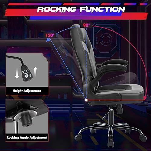 Sweetcrispy Grey Ergonomic Computer Gaming Desk Chair with Lumbar Support, Adjustable Height & Flip-up Armrests