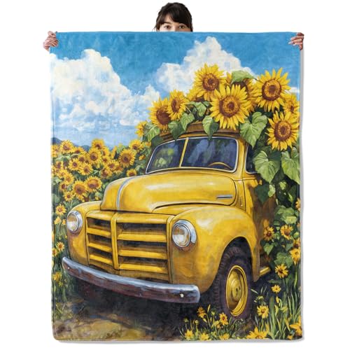 60"×80" Sunflower Truck Blanket - Cozy Flannel Throw for Home & Travel